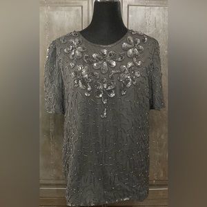 Vintage Cute Classics Silk Black sequence shortsleeved blouse - Size Medium